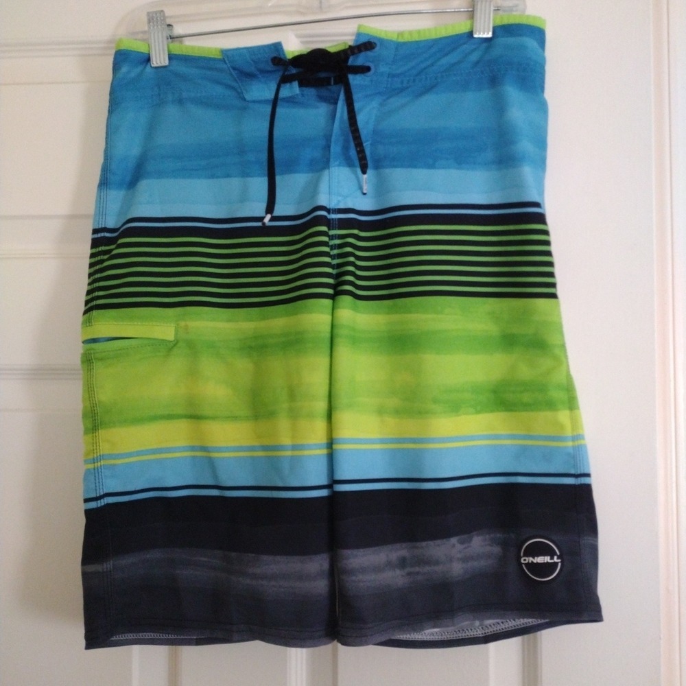 O'Neill Hyperfreak Mens Board Shorts‎ Size Small Blue Green Striped Swim Trunks